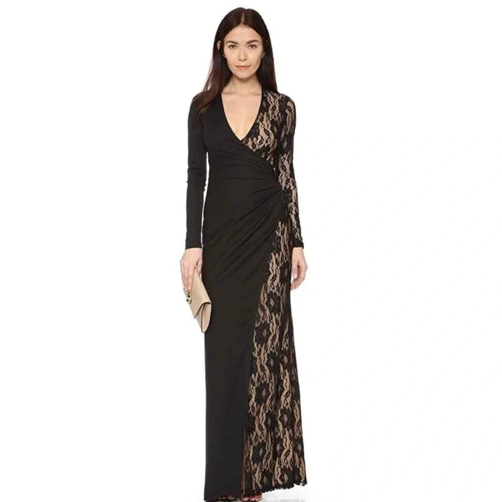 Parker Black Label Azulejo Maxi Dress Sz 8 Lace Slit V Neck Black Evening Party